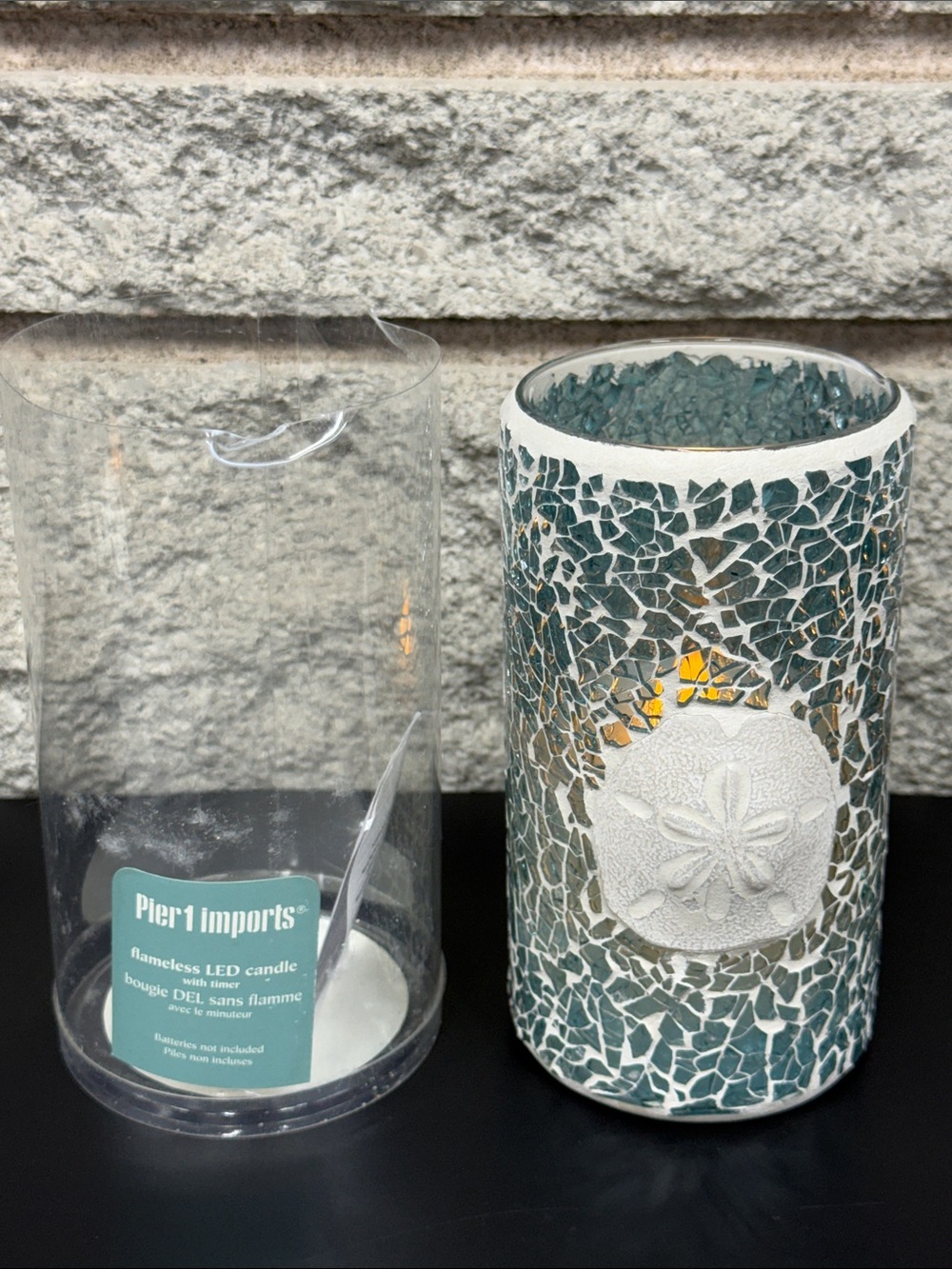 Pier 1 Teal Mosaic Sand Dollar Glass Flameless LED Candle Holder